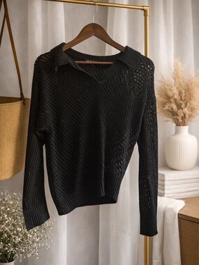 Black Open-Knit Collared Sweater - Women
